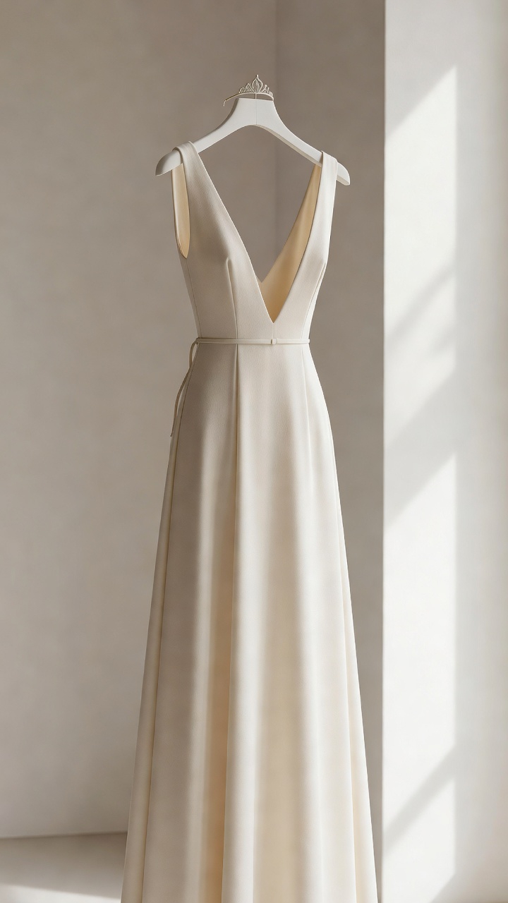 2026 minimalist gelinlik modeli sade A-line sütun kesim krem renk