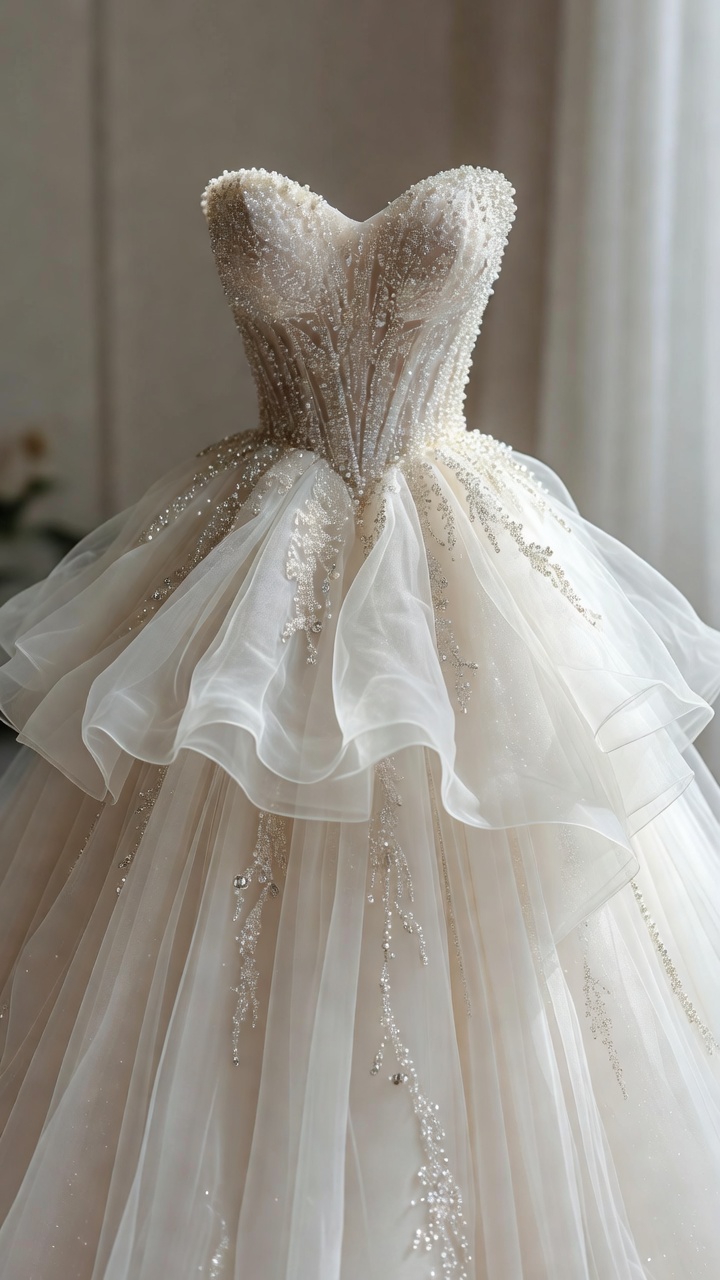 2026 prenses gelinlik modeli volümlü tül kristal işlemeli kabarık etek