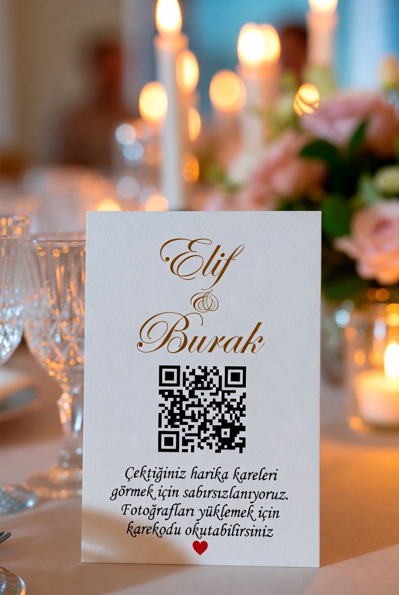 Düğün masasında QR kod kartı - misafirler fotoğraf paylaşmak için QR kodu okutabilir
