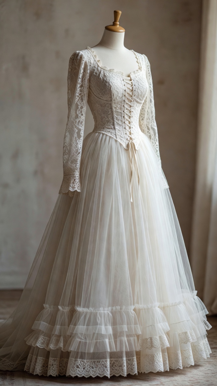 2026 dantelli vintage gelinlik modeli uzun kollu korse detaylı